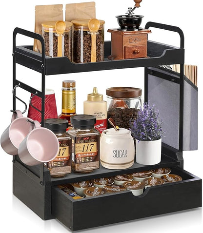 Coffee Bar Accessories and Organizer, 2-Tier Coffee Station Organizer, Wood Kitchen Countertop Organizer with Bag and Hooks, Coffee Pod Holder for Coffee Bar Decor, Syrup Snack Organizer(Black)