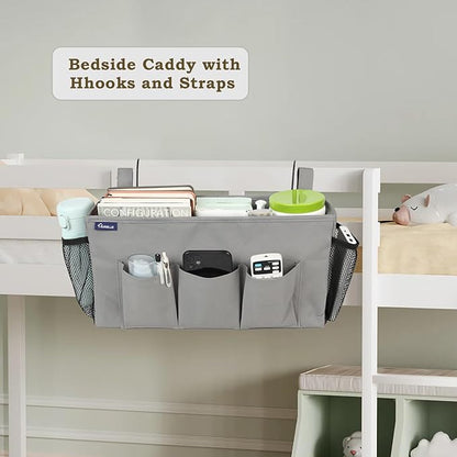 Surblue Bedside Organizer with Hook Caddy Hanging Storage Bag with Adjustable Straps and Water Bottle Holder for Home, College Dorm, Hospital Bed, Grey, 2PCS