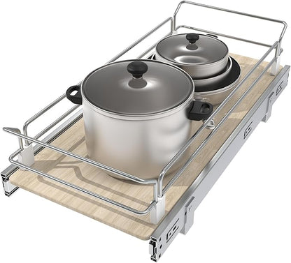 Pull Out Cabinet Organizer 11" W X 22" D, Slide Out Drawers For Kitchen Organizers and Storage, Pull Out Drawers For Cabinets Capacity Heavy Duty Caddy, Cabinet Shelves Wood Chrome, Pantry Storage