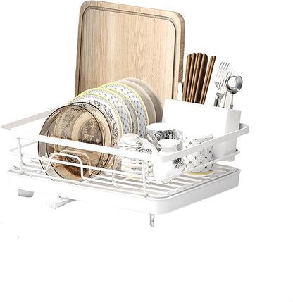 Kitchen Dish Drying Rack Self-Draining Adjustable 360° Rotating Drain Pipe Stainless Steel Large Capacity Tidy Countertop Easy Clean Home Kitchen Organization Family Use (White Chopstick Holder)