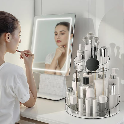 2 tier Makeup Organizer Countertop,360 Rotating Makeup Organizer for Skincare, Lipstick and Perfumes,Multi-function Cosmetic Display Cases for Vanity,Bathroom,White