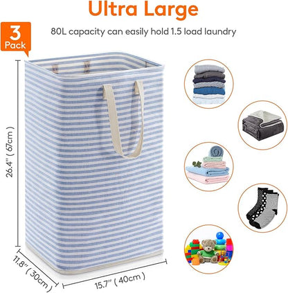 Lifewit 3 Pack Laundry Hamper Large Collapsible Laundry Baskets, Freestanding Waterproof Clothes Hamper with Easy Carry Handles in Laundry Room Bedroom Bathroom College Dorm, Blue, 3 x 80L