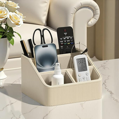 ACUDUDOMA PU Leather Remote Control Organizer Holder, 4-Compartment Small Desk Organizer, All-in-One Desk & Nightstand Caddy for Remotes, Phones, Glasses & Office Accessories