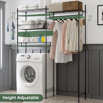 GarveeHome Over Washer and Dryer Shelves, 57.4 in W Laundry Room Clothes Drying Rack, Height Adjustable Towel Racks with Hamper and Hooks, Space Saving Laundry Room Organization and Storage