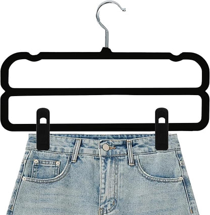 WJWSKI Velvet Pants Hangers with Double Non Slip Bar - with Adjustable Clips- Thin Space Saving Clothes Hanger - 360° Swivel Felt Trouser Hanger Perchas Terciopelo 10 Pack (Black)