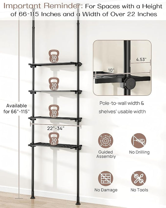 ALLZONE Over The Toilet Storage Cabinet, 4-Tier Adjustable Bathroom Shelves, 22-34 Inch Wide, Tension Mounted Organizer, Space-Saver Narrow Shelf, Fits 66-115 Inch Heights, Black