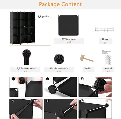 AWTATOS Cube Storage Organizer Closet Storage Shelves DIY Stackable Plastic Storage 12 Cube Bookshelf, Ideal Storage Organizer for Closet, Home, Bedroom, Black