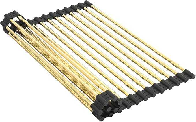 AXIMIXAME Expandable Large Draining Rack, Roll Up Heat-Resistant Dish Drainer for Stainless Steel Sinks, Collapsible Over The Sink Rack Non-Slip Silicone Rolling Up Rack Gold 18 Tube