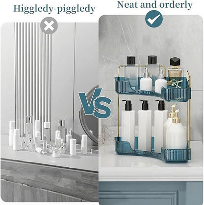 INVSSENE Corner Bathroom Countertop Organizer, Vanity Organizer Trays for Counter, Makeup Organizers, Perfume Tray, Skincare Shelf Storage Gifts for Women Girl Student (Blue, 2 Tiers)