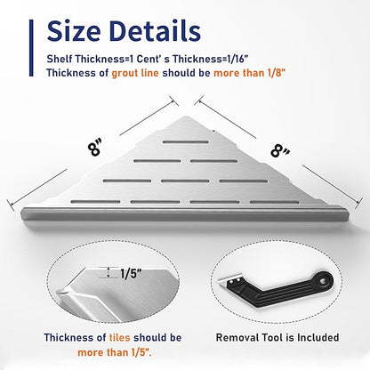 Bernkot 8'' Corner Shower Shelf 2PCS, 304 Stainless Steel Recessed Bathroom Shelves for Tiled Wall, Grout in Shelf (8'', Silver)