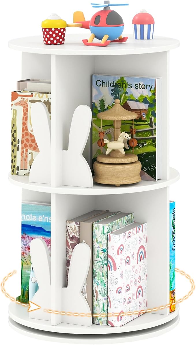 HONEY JOY Kids Rotating Bookshelf, Wooden Spinning Small Corner Organizer w/Baffles, 360°Display Standing Toddler Bookshelf, Narrow Storage Rack, Montessori Book Shelf for Nursery, Playroom (White)