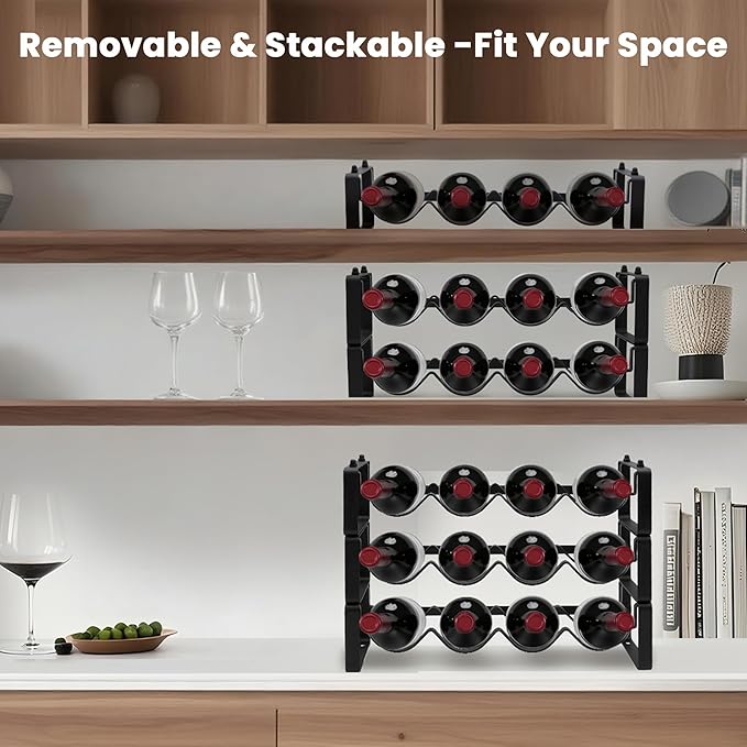 Black Wine Rack for 12 Bottles – Stackable & Expandable Metal Wine Bottle Holder for Bar Counter, Cabinet, Pantry, or Small Spaces – Modern Freestanding Wine Storage Shelf (3 Tier, Black)