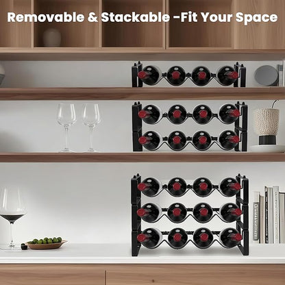 Black Wine Rack for 12 Bottles – Stackable & Expandable Metal Wine Bottle Holder for Bar Counter, Cabinet, Pantry, or Small Spaces – Modern Freestanding Wine Storage Shelf (3 Tier, Black)