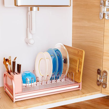 YEYPOP Pink Dish Rack - Small Dish Drying Rack for Limitied Kitchen Counter, Narrow Stainless Steel Dish Drainer w Tray, Cutlery Holder, Cute Kitchen Appliances Organizer for A Lovely You
