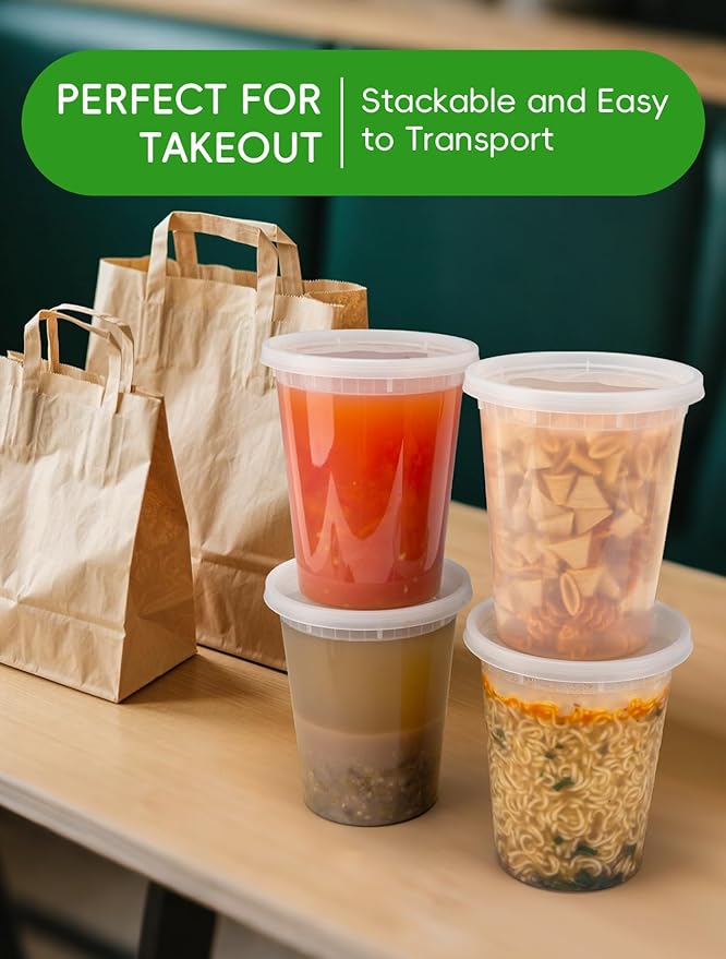 UMT Plastar 50 Pack 32 oz Plastic Food Containers with Lids BPA Free Stackable Leakproof Deli Containers for Meal Prep Slime Soup Microwave Freezer Dishwasher Safe