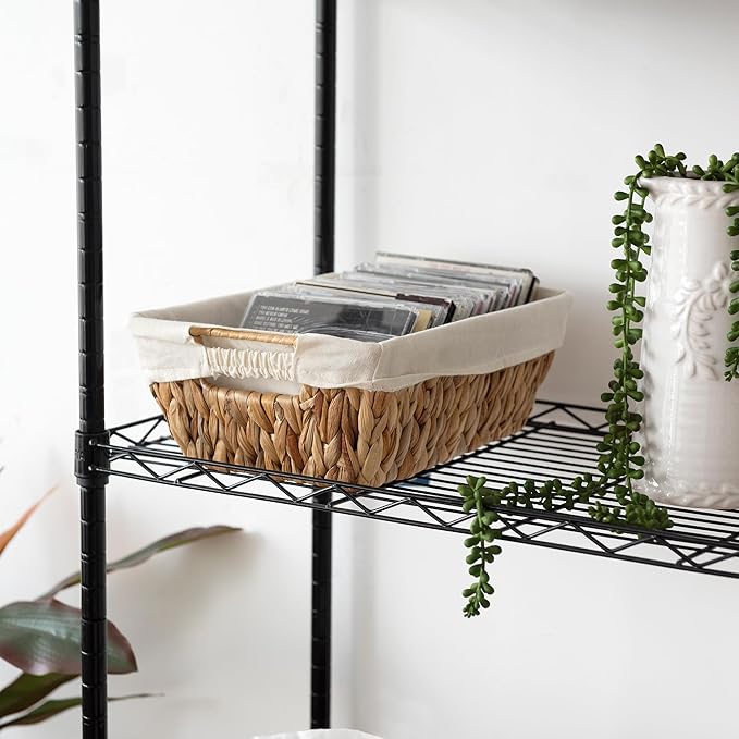 JS HANGER Wicker Storage Basket with Washable Liners, Metal Frame, Set of 2, 12.6"L x 8.7"W x 4.3"H, Water Hyacinth Woven Basket for Pantry, Toilet, Bathroom, Bedroom, Patio, Natrual
