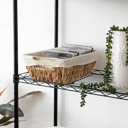 JS HANGER Wicker Storage Basket with Washable Liners, Metal Frame, Set of 2, 12.6"L x 8.7"W x 4.3"H, Water Hyacinth Woven Basket for Pantry, Toilet, Bathroom, Bedroom, Patio, Natrual