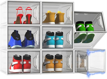 ADTO X-Large Stackable Shoe Boxes - Clear Plastic Shoe Storage Boxes with Magnetic Door, Thicken Shoe Organizer for Closet, Space Saving Foldable Shoe Containers Bins for Sneaker Boot - 8 Pack(White)