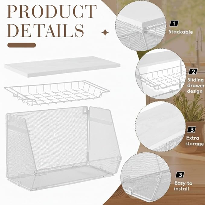 2 Pcs Stackable Fruit Basket with Lid for Kitchen Counter Storage Basket with Drawer Mesh Wall Hanging Wire Baskets with Lid Metal Vegetable Container for Kitchen 13.8 x 8.3 x 9.8''(White)