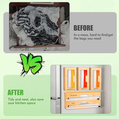 Magnetic Food Bag Organizer for Refrigerator or Drawer, Bamboo Foil and Plastic Wrap Organizer with Cutter, Kitchen Food Storage Bag Holder for Gallon, Quart, Snack, Sandwich, Size Baggie