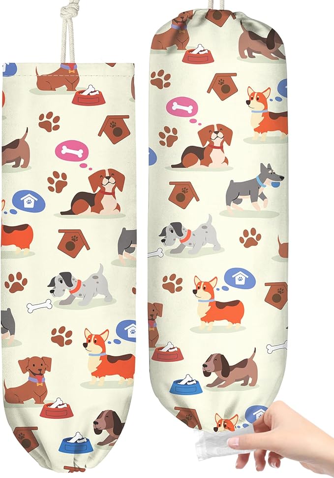 Plastic Bag Holder, Grocery Bag Organizer - 1 Pack Cute Kitchen Dispenser Holders Reusable Shopping Western Hanging Wall with Adjustment Drawstring Closure for Women Home, Dogs