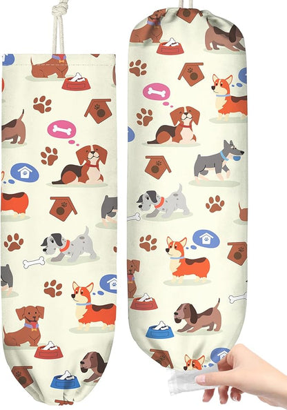 Plastic Bag Holder, Grocery Bag Organizer - 1 Pack Cute Kitchen Dispenser Holders Reusable Shopping Western Hanging Wall with Adjustment Drawstring Closure for Women Home, Dogs