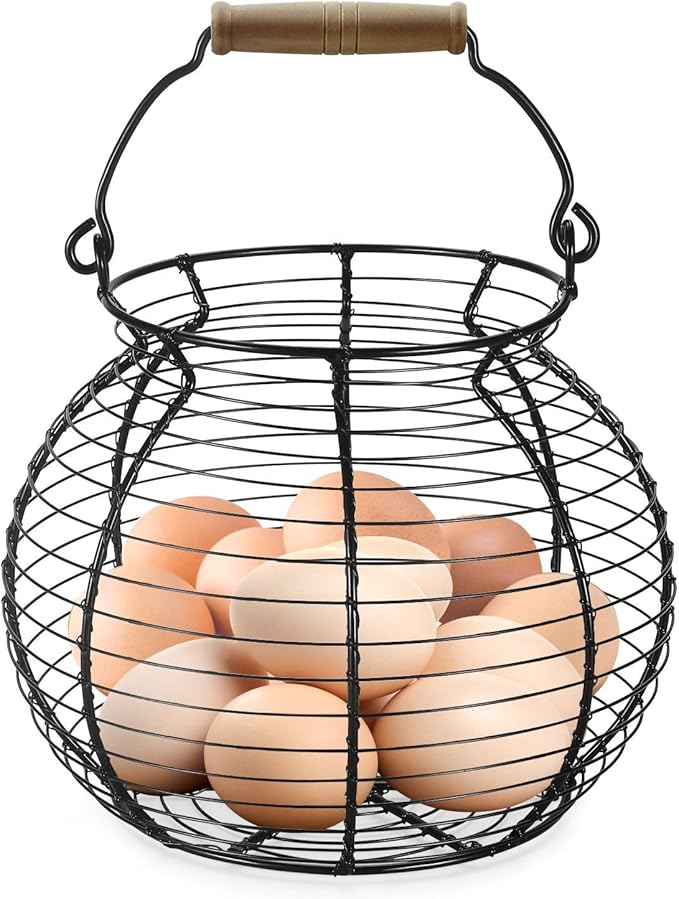 Flexzion Egg Basket for Gathering Fresh Eggs - Round Wire Countertop Egg Holder with Wooden Handles, Farmhouse Chicken Eggs Collecting Basket Storage for Countertop, Kitchen Organizer and Farm (Black)