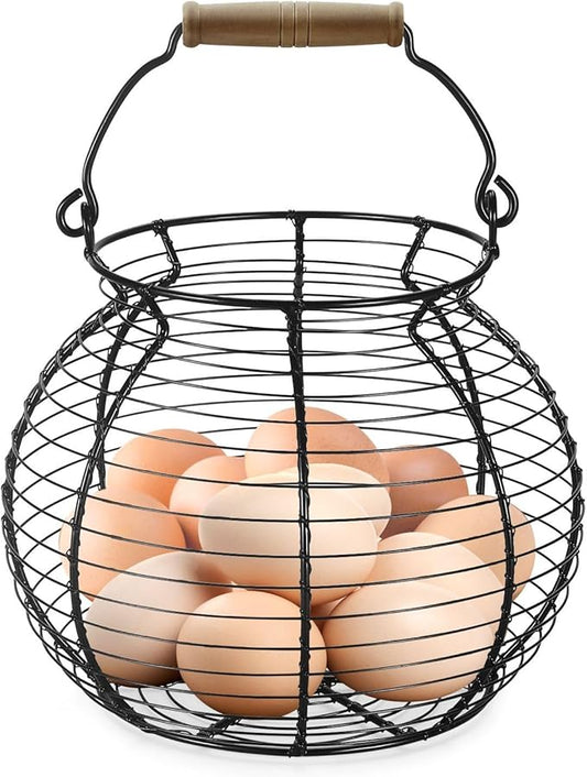 Flexzion Egg Basket for Gathering Fresh Eggs - Round Wire Countertop Egg Holder with Wooden Handles, Farmhouse Chicken Eggs Collecting Basket Storage for Countertop, Kitchen Organizer and Farm (Black)
