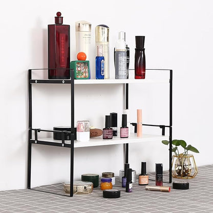 Desk Shelf Organizer for Top of Desk, Detachable 2 Tier Desktop Bookshelf, Wooden Desk Shelves Storage Rack, Small Desktop Shelf for Office Home Dorm, Tabletop Desk Organizer Stand (White+Black)