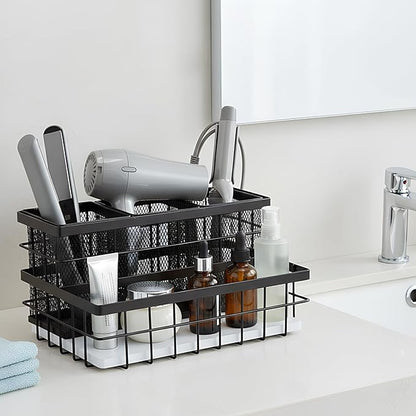 AceOrbit 1 Pcs Hair Tool Organizer Countertop Breathable Metal & Bamboo Hot Tools Organizer Under Sink Bathroom Hair Dryer Holder Countertop Brush Comb Holder,makeup tray (White Bamboo,Black)