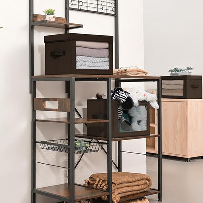 Foldable Storage Boxes with Clear Window - Clothes Organizers and Decorative Bins with Lid, Fabric Storage Cube, Baskets for Shelves, Yarn, Home, Brown, 3 Pack