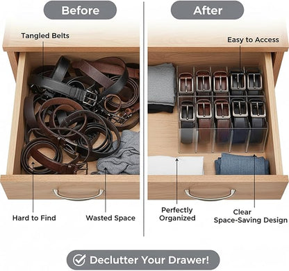 Belt Organizer 2-Pack，Belt storage Organizer for Closet with Removable Dividers - 5 Compartments & Handles Drawer Storage and Organizers for underwear, Socks, and Bow Ties Acrylic Belt Organizers