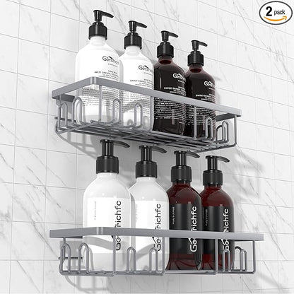 Getsrichfc 2025 New Adhesive Shower Caddy, Shower Shelves with 16 Hooks, Grey 2 Pack