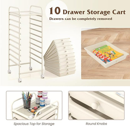 Giantex 10-Drawer Storage Cart w/Universal Wheel, Rolling Cart w/Handle, Home Organizer Storage Unit w/Removable Drawers, Trolley Utility Cart for Kitchen Makeup Living Room Office Play Room, Ivory