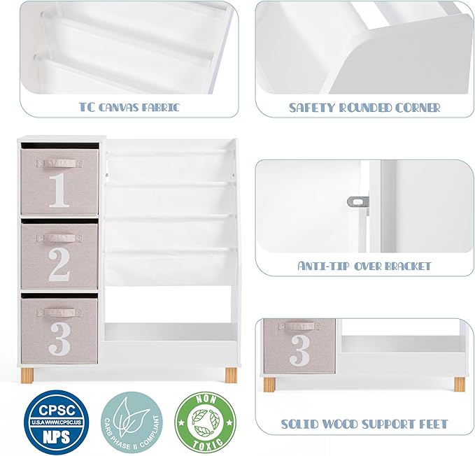 Spirich Kids Bookshelf with Storage Bins, Children Cube Storage Organizer, Montessori 3-Tier Book Display Rack, Book Shelf for Kids Rooms, Playroom, Nursery, White