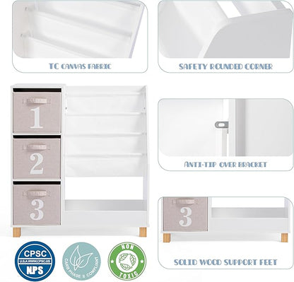 Spirich Kids Bookshelf with Storage Bins, Children Cube Storage Organizer, Montessori 3-Tier Book Display Rack, Book Shelf for Kids Rooms, Playroom, Nursery, White