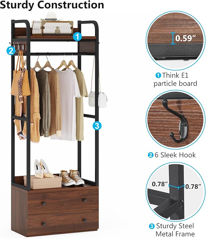 LITTLE TREE 75 inch Tall Freestanding Closet Organizer Small Clothes Rack Coat Rack with Drawers and Shelves, Heavy Duty Small Garment Rack Industrial Hall Tree for Hallway Entryway Bedroom