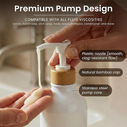Maisonovo Plastic Soap Dispenser Set | Hand Soap and Dish Soap Dispenser Set | 16.9oz Amber Bottles with Black Bamboo Pump | Bathroom Lotion Dispenser with Pump Set of 2