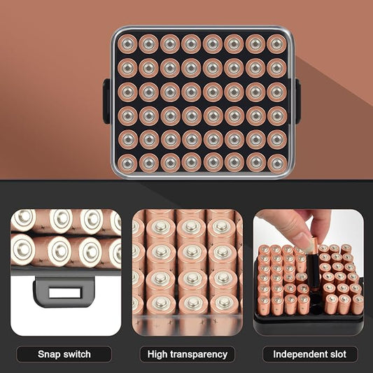 ALCYON Battery Organizer Storage Case, Battery Vault Box Container for 48pcs AAA Batteries, Plastic Clear Protective Battery Holder for Travelling/Home/Office (Black, Small)
