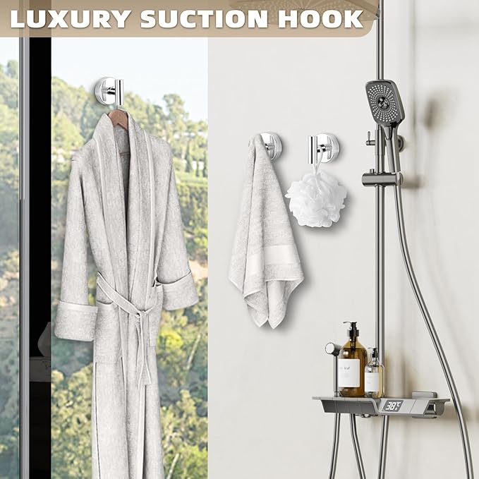 Fenas Suction Cup Hooks for Shower - Bathroom Reusable Hooks for Towels, Robes & Loofah - No-Drill Mounting on Kitchen,Walls,Metal,Glass,Mirrors,Tile & Smooth Non-Porous Surfaces (2, Chrome Polished)
