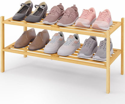 Smiry Bamboo Shoe Rack 2-Tier, Stackable Wooden Shoe Organizer for Entryway & Closet, Free Standing Wood Shoe Storage Shelf for Front Door & Small Spaces, Natural