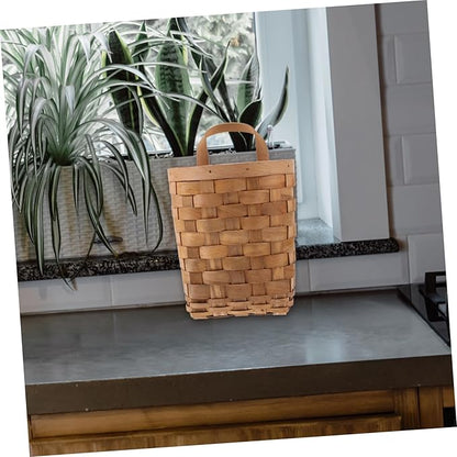 ABOOFAN Woven Wall Hanging Storage Basket for Kitchen and Desktop Organizer Natural Wood Material with Handle Nordic Style Decorative Hanging Pocket for Pantry and Home Organization