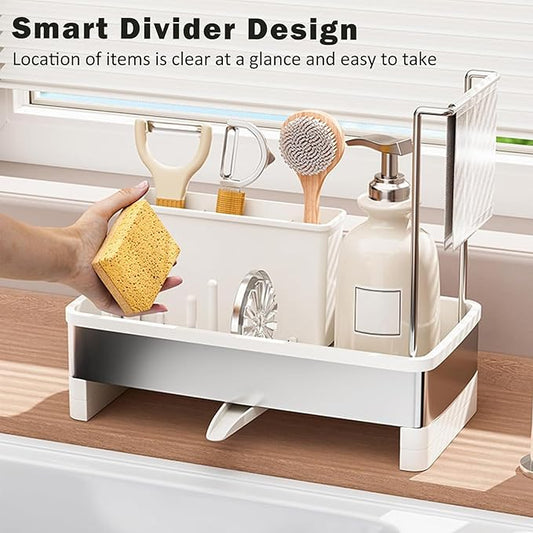 SOVGIZF Sponge Holder for Kitchen Sink,Sink Caddy Organizer with Removable Brush Holder,Kitchen Countertop Soap Dispenser Storage with Detachable Towel Rack,White