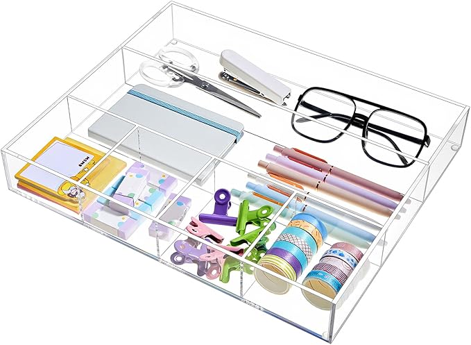 Briwooody Large Acrylic Desk Deep Drawer Organizer with Adjustable Dividers, Anti-Skip Clear Desk Top Organizer Tray for Pens, Desktop, Office, Bathroom, Kitchen, Makeup Supplies(6 Compartments)