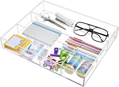 Briwooody Large Acrylic Desk Deep Drawer Organizer with Adjustable Dividers, Anti-Skip Clear Desk Top Organizer Tray for Pens, Desktop, Office, Bathroom, Kitchen, Makeup Supplies(6 Compartments)