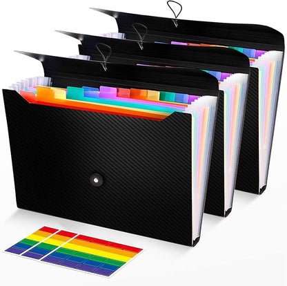 3Pcs Expanding File Folder, 13 Pockets Accordion File Holder Organizer, A4 Letter Size Paper Document Receipt Organizer Accordian Filing Folder for Classroom, Home, Office and Travel
