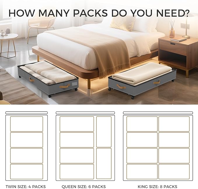 BETBEM Under Bed Storage with Wheels 2-Pack, 75L XXL Under the Bed Storage Containers Large, 12" Tall Adjustable Storage for Underbed with Lids, Rolling for Shoes, Clothes, Blankets (Grey)