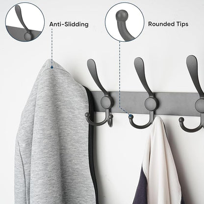 TICONN Wall Mounted Coat Rack, Five Heavy Duty Tri Hooks All Metal Construction for Jacket Coat Hat in Mudroom Entryway (Space Gray, 2-Pack)