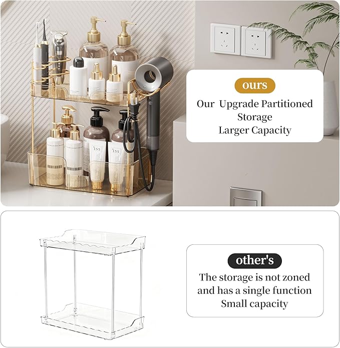 Weidace Bathroom Counter Organizer for Vanity, Makeup Organizer Countertop with Holder, Large Capacity Storage Rack, Perfect Large Skincare, Hair Care, Perfume, Easy to Install (Gold, 2Tiers)