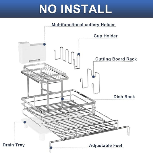 YEYPOP 2 Tier Expandable Dish Drying Rack, Stainless Steel Dish Rack w Drainboard, Large Dish Drainer for Kitchen Counter, w Cup Holder and Cutting Board Rack